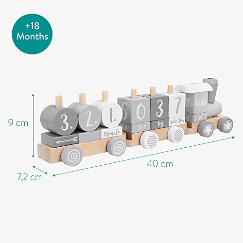 Navaris Tren de Madera para niños - 2en1 Juguete con Piezas para marcar hitos años Meses Navidad - Locomotora Desmontable con Bloques en alemán