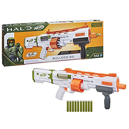 Nerf Lanzador Halo Bulldog SG - Tambor Giratorio de 10 Dardos, rieles tácticos, 10 Dardos Nerf Elite Oficiales, código para desbloquear