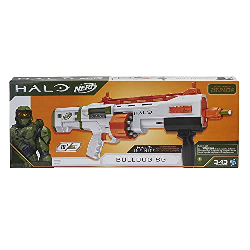 Nerf Lanzador Halo Bulldog SG - Tambor Giratorio de 10 Dardos, rieles tácticos, 10 Dardos Nerf Elite Oficiales, código para desbloquear