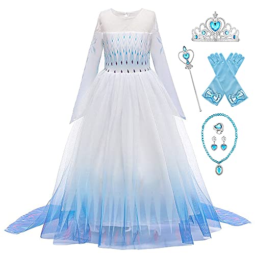 New Front Disfraz de princesa Elsa para niña vestido de princesa de 2 mangas largas disfraz y accesorios de Navidad, Halloween, cumpleaños vestido de cosplay corona Blanco 6 unidades