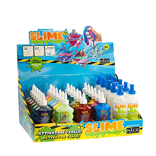 Nice Group - Pantalla Slime Glue para niños con collas Metales, Transparentes, Pastel, Purpurina y 10 activadores