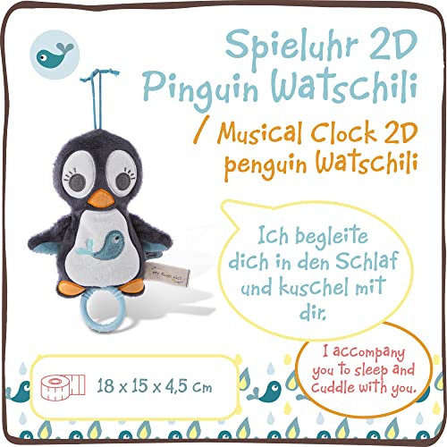 NICI muñeco 2D de cuerda del pingüino Watschili 18cm desde 0 meses, niñas – Caja de música infantil – Ayuda para dormir – Uso en cama, cochecito, cunas – Canción de cuna de Brahms, Gris, color (46581)