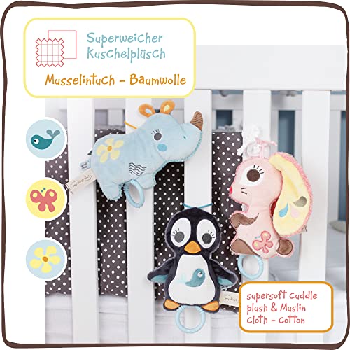 NICI muñeco 2D de cuerda del pingüino Watschili 18cm desde 0 meses, niñas – Caja de música infantil – Ayuda para dormir – Uso en cama, cochecito, cunas – Canción de cuna de Brahms, Gris, color (46581)