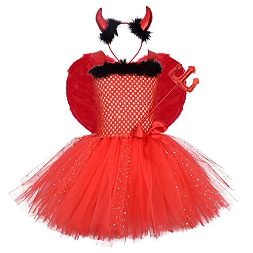 Niñas Fantasía Ángel Diablo Viste a Halloween Cosplay Tutu de Tul con Diadema Horca ala Varita de Hadas 4pcs Princesa Traje de Disfraz de Carnaval de Navidad Rojo 1 7-8 años