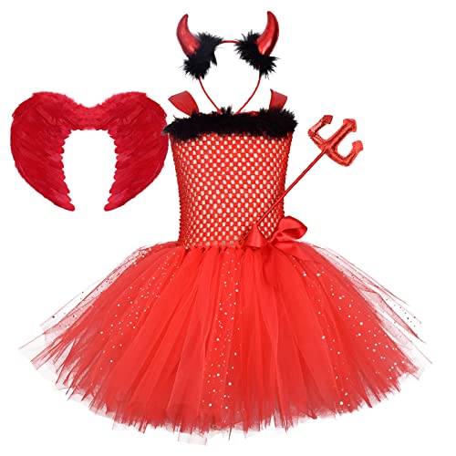 Niñas Fantasía Ángel Diablo Viste a Halloween Cosplay Tutu de Tul con Diadema Horca ala Varita de Hadas 4pcs Princesa Traje de Disfraz de Carnaval de Navidad Rojo 1 7-8 años