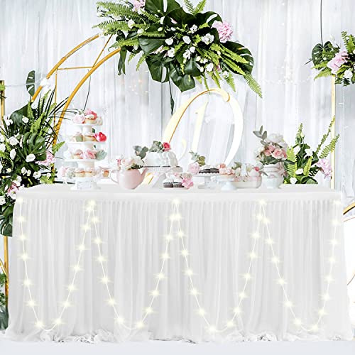 NSSONBEN Faldón de mesa de tul con LED blanco, decoración de mesa para baby shower, niña, boda, cumpleaños, cumpleaños infantil, comunión (LED blanco, 3 yards)