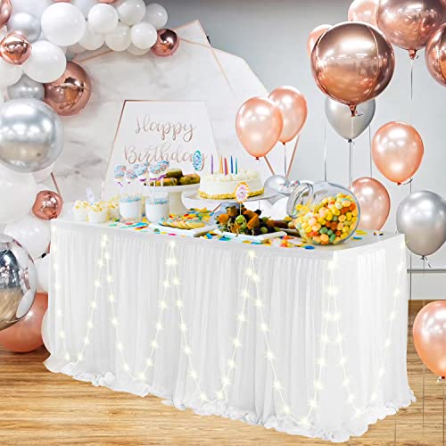 NSSONBEN Faldón de mesa de tul con LED blanco, decoración de mesa para baby shower, niña, boda, cumpleaños, cumpleaños infantil, comunión (LED blanco, 3 yards)