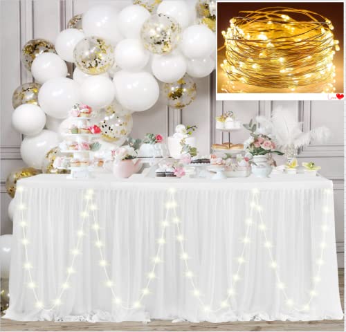 NSSONBEN Faldón de mesa de tul con LED blanco, decoración de mesa para baby shower, niña, boda, cumpleaños, cumpleaños infantil, comunión (LED blanco, 3 yards)