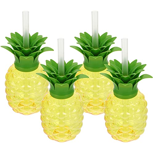 NUOBESTY Tazas de Bebida de Piña Tazas Hawaianas con Pajitas 500Ml Tazas de Piña para Hawaii Luau Fiesta de Verano Playa Paquete de 4