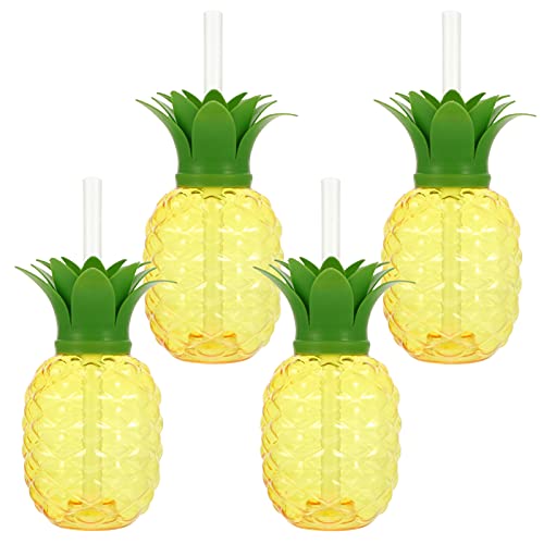 NUOBESTY Tazas de Bebida de Piña Tazas Hawaianas con Pajitas 500Ml Tazas de Piña para Hawaii Luau Fiesta de Verano Playa Paquete de 4