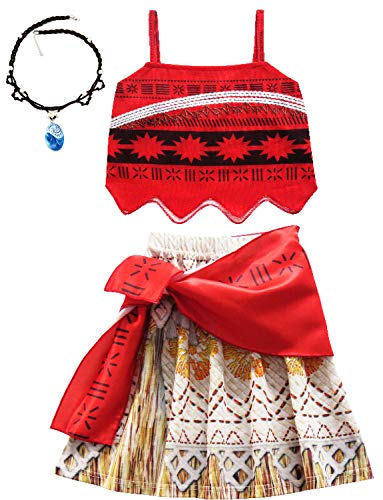 O.AMBW Disfraz de Moana roja Cosplay Princesa Vaiana Vestido Hawaiano Conjunto de 3 Piezas Top + Falda + Faja Disfraz con Collar de Accesorios Moana Carnaval niñas Fans