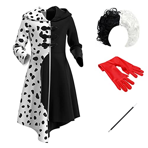 OBEEII 101 Dalmatiens Cruella De Vil Disfraz Niño Niña Abrigo Abrigo para Halloween Cosplay Fiesta Cumpleaños Dress up Traje, Cruella02+accesorios, 11-12 Años