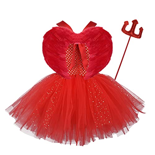 OBEEII Disfraz de Niños Vestido de Diablo Elfos Falda Tutú Sin Mangas Hecho a Mano de Princesa Fiesta Halloween Cosplay con Diadema de Cuerno con Horquilla con ala Roja 4 Piezas Rojo + Negro 3-4 Años