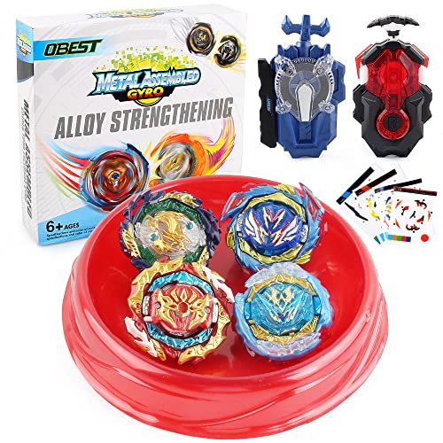 OBEST Peonzas de Batalla con Lanzador, con Estadio Conjunto, 4 Pcs Metal de de Combate Estallido Turbo Gyro Spinners y 2 Launcher, Regalos Juguetes para Niños