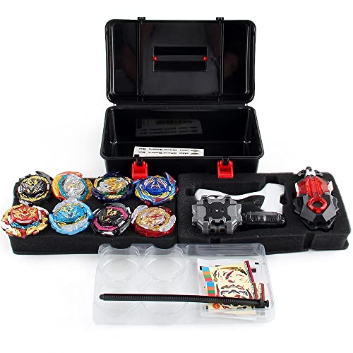 OBEST Peonzas de Batalla con Lanzador Conjunto, con Estuche Portátil, 8 Pcs Metal de Combate Estallido Turbo Gyro Spinners y 2 Launcher, Contrapeso Set, Juguetes Regalo para Niños