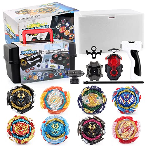 OBEST Peonzas de Batalla con Lanzador Conjunto, con Estuche Portátil, 8 Pcs Metal de Combate Estallido Turbo Gyro Spinners y 2 Launcher, Contrapeso Set, Juguetes Regalo para Niños