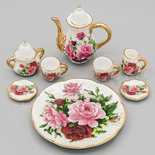 Odoria 1/6 Miniatura 8PZ Conjunto de Tazas de Té Porcelana con Rosa Rosada Cocina Accesorio para Casa de Muñecas