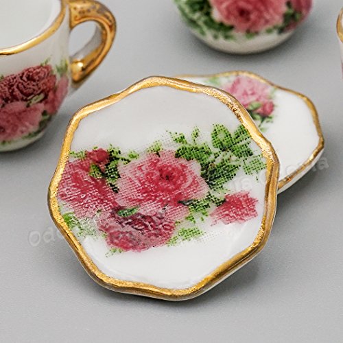 Odoria 1/6 Miniatura 8PZ Conjunto de Tazas de Té Porcelana con Rosa Rosada Cocina Accesorio para Casa de Muñecas