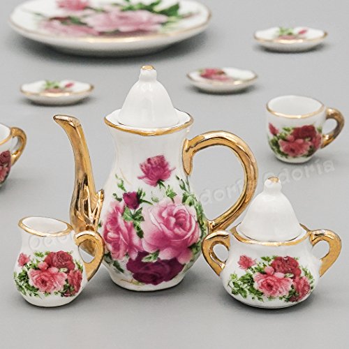 Odoria 1/6 Miniatura 8PZ Conjunto de Tazas de Té Porcelana con Rosa Rosada Cocina Accesorio para Casa de Muñecas