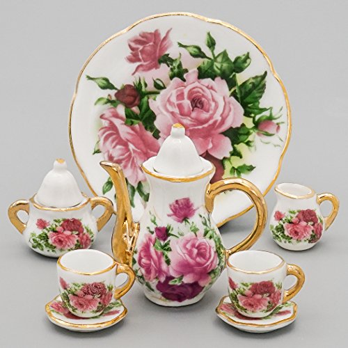 Odoria 1/6 Miniatura 8PZ Conjunto de Tazas de Té Porcelana con Rosa Rosada Cocina Accesorio para Casa de Muñecas