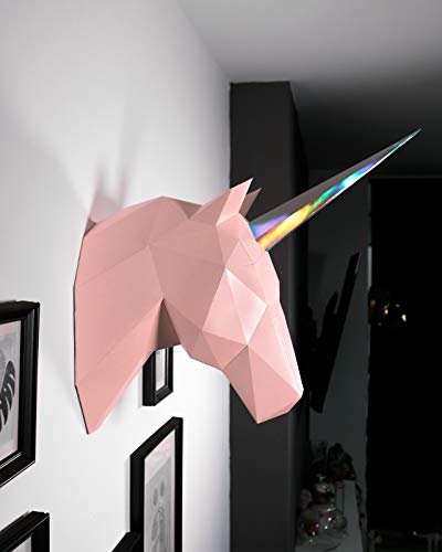 Oh Glam Home Kit DIY Unicornio Papercraft Kit Trofeo de Pared cartón 3D Escultura Origami 3D Puzzle 3D PRECORTADO (Busto Negro, Cuerno Blanco)