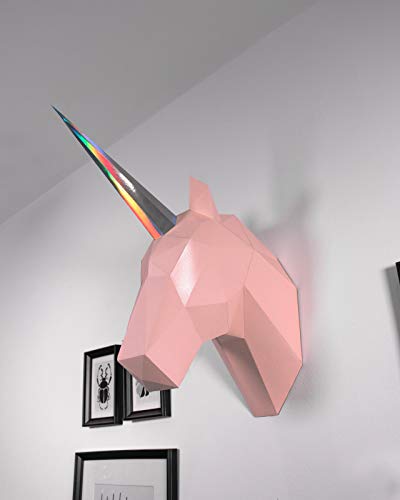 Oh Glam Home Kit DIY Unicornio Papercraft Kit Trofeo de Pared cartón 3D Escultura Origami 3D Puzzle 3D PRECORTADO (Busto Negro, Cuerno Blanco)