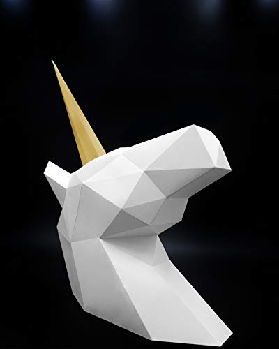 Oh Glam Home Kit DIY Unicornio Papercraft Kit Trofeo de Pared cartón 3D Escultura Origami 3D Puzzle 3D PRECORTADO (Busto Negro, Cuerno Blanco)