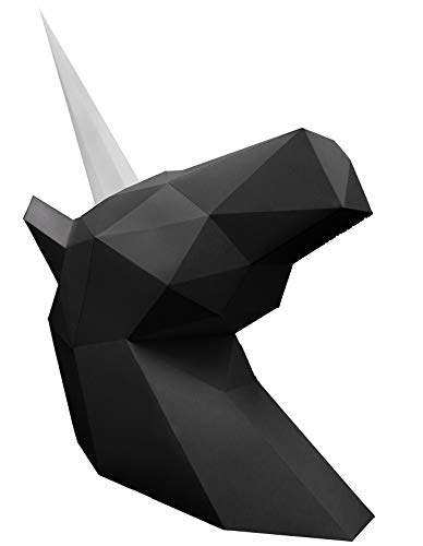 Oh Glam Home Kit DIY Unicornio Papercraft Kit Trofeo de Pared cartón 3D Escultura Origami 3D Puzzle 3D PRECORTADO (Busto Negro, Cuerno Blanco)