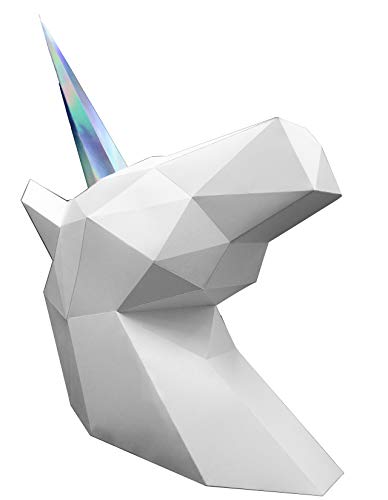 Oh Glam Home Kit DIY Unicornio Papercraft Kit Trofeo de Pared cartón 3D Escultura Origami 3D Puzzle 3D PRECORTADO (Busto Negro, Cuerno Blanco)