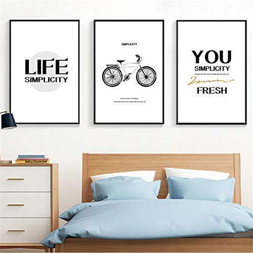 OLGKJ Moda nórdica Cartel Decoración para el hogar Bicicleta Blanco y Negro Arte de la Pared Pintura de la Lona Vida Simplicidad Moda para la decoración del Dormitorio 40x60cmx3 Sin Marco