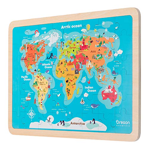 Oregon Scientific-SK301R SmartKids Magic Jigsaw - Puzzle de Doble Mapa del Mundo con Dibujos Animados y política, Color marrón Oscuro (SK301R)