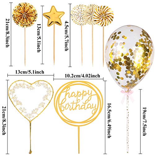 Oro Decoración para Tartas Torta Toppers de Cumpleaños Cupcake Toppers,Topper de Pastel de Cumpleaños Globos Confeti Cupcake Topper Happy Birthday Topper Decoración para Cumpleaños Baby Shower Fiesta