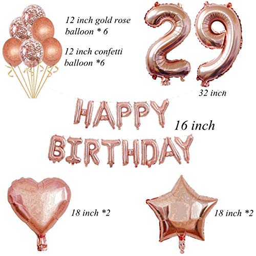 Oumezon - Decoración un cumpleaños, para 29 años, para chica, de color oro rosado, guirnalda de «Happy Birthday», globos con confeti, globos brillantes, números, decoración para fiesta