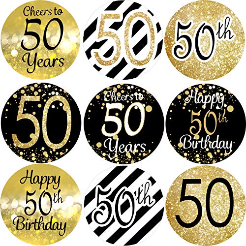 Outus 432 Piezas de 50 Pegatinas de Cumpleaños 50 Etiquetas de Aniversario 50 y 50 Pegatinas Redondas de Caramelo Negro y Dorado Saludos a 50 Etiquetas para Fiesta de 50 Cumpleaños