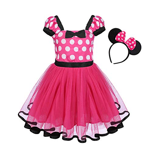 OwlFay Disfraz Minnie Niña Bebé Vestidos de Fiesta Princesa con Diadema Lunares Fantasía Tutú Ballet Vestido para Cumpleaños Navidad Carnaval Rose A 3-4 Años