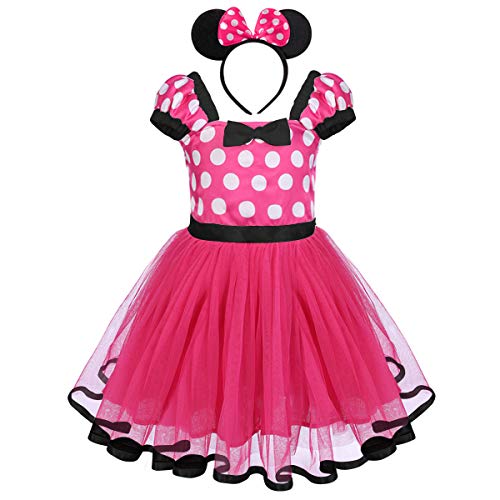 OwlFay Disfraz Minnie Niña Bebé Vestidos de Fiesta Princesa con Diadema Lunares Fantasía Tutú Ballet Vestido para Cumpleaños Navidad Carnaval Rose A 3-4 Años