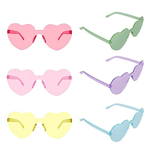 Paquete de 6 Gafas de Fiesta, Comius Sharp Gafas de Sol Sin Montura en Forma de Corazón, Gafas Hippy de Color Neón Transparente para Disfraces, Accesorios para Fotos, Fiestas, Todos los Días