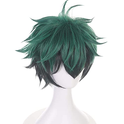 Peluca corta lisa de color verde y negro para cosplay, personaje Izuku Midoriya (Deku) del anime «My Hero Academia». Casquillo de peluca incluido.