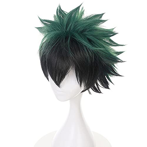 Peluca corta lisa de color verde y negro para cosplay, personaje Izuku Midoriya (Deku) del anime «My Hero Academia». Casquillo de peluca incluido.