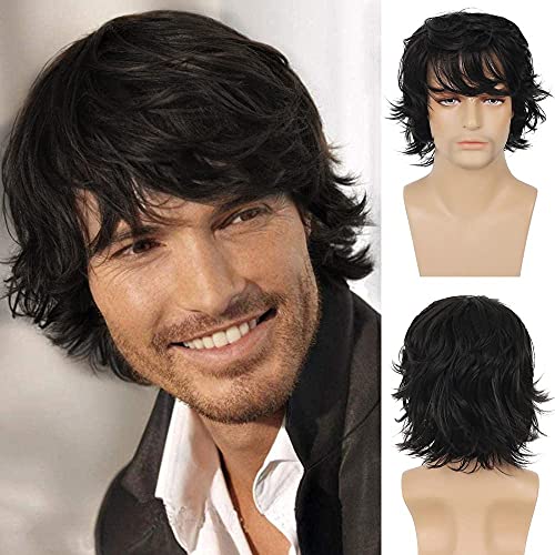 Peluca para hombre Pelucas masculinas sintéticas onduladas naturales de capas cortas negras con flequillo Disfraz de fiesta de Halloween Cosplay diario