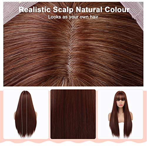 Pelucas Para Mujer Largas Marrón Pelo Natural Liso Pelucas con Flequillo Sintéticas De Aspecto Natural Resistente Al Calor Recta Postizos para Cosplay Disfraces Fiesta Diaria 30 Pulgadas