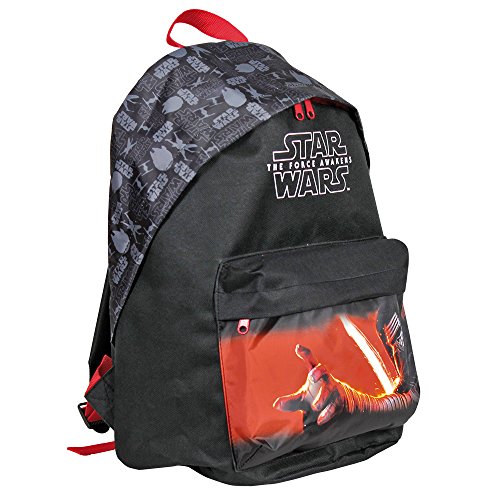 PERLETTI - Mochila Niño Star Wars - Bolso Escolar con Bolsillo Frontal de la Guerra de Las Galaxias - Bolsa Infantil Chico Escuela Viaje Deporte con Tirantes Regulables - Negro - 40x30x18 cm