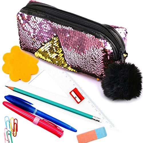 PHOGARY Resplandecer Bolso de Cosméticos Sirena Espiral Lentejuelas reversibles Estuche de lápices portátil para estudiantes para chicas mujeres