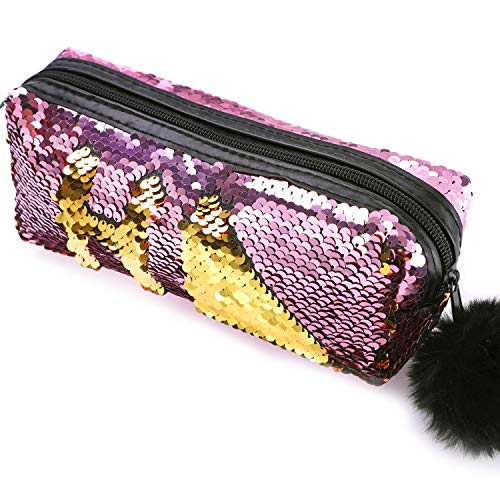 PHOGARY Resplandecer Bolso de Cosméticos Sirena Espiral Lentejuelas reversibles Estuche de lápices portátil para estudiantes para chicas mujeres