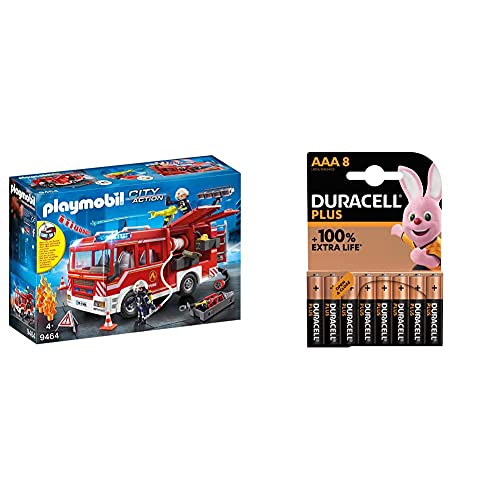 PLAYMOBIL City Action Camión de Bomberos con Luces y Sonido, a Partir de 4 Años (9464) + Duracell - Nuevo Pilas alcalinas Plus AAA , 1.5 Voltios LR03 MN2400, Paquete de 8