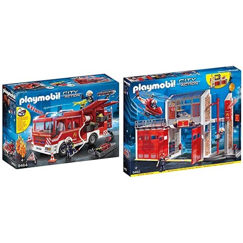 PLAYMOBIL City Action Parque De Bomberos con Efectos De Sonido, A Partir De 4 Años (9462) + City Action Camión De Bomberos con Luces Y Sonido, A Partir De 4 Años (9464)