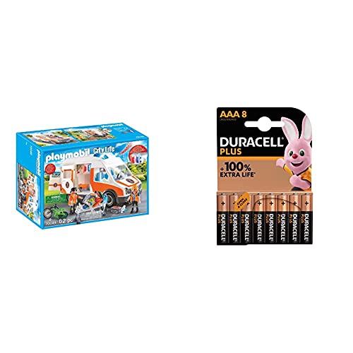 Playmobil - City Life Playset, Ambulancia con Luces, Multicolor (70049) + Duracell - Nuevo Pilas alcalinas Plus AAA , 1.5 Voltios LR03 MN2400, Paquete de 8