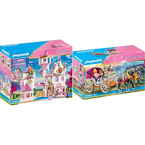 PLAYMOBIL Princess 70447 Gran Castillo de Princesas con Pista de Baile giratoria, A Partir de 4 años + 70449 Carruaje Romántico tirado por Caballos, A Partir de 4 años