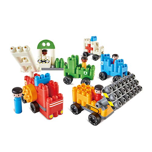 Poly-M 760024 Hape PolyM City 130 Piezas de construcción de ladrillo vehículo Juguete Conjunto con Figuras y Accesorios, Multicolor