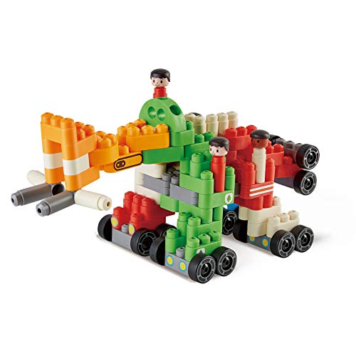 Poly-M 760024 Hape PolyM City 130 Piezas de construcción de ladrillo vehículo Juguete Conjunto con Figuras y Accesorios, Multicolor